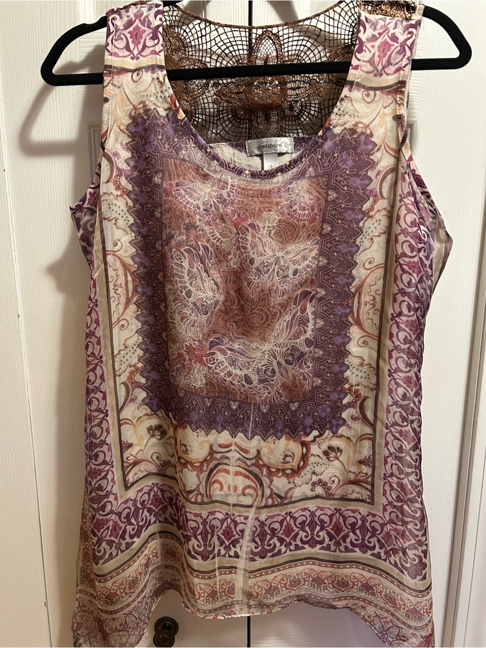 dressbarn Purple and Cream Paisley Print Sleeveless Blouse